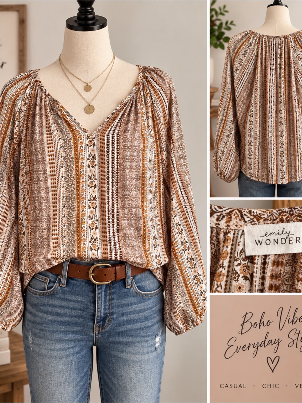 Boho Floral Stripe Peasant Blouse Brown Cream Balloon Sleeve Top S Emily Wonder